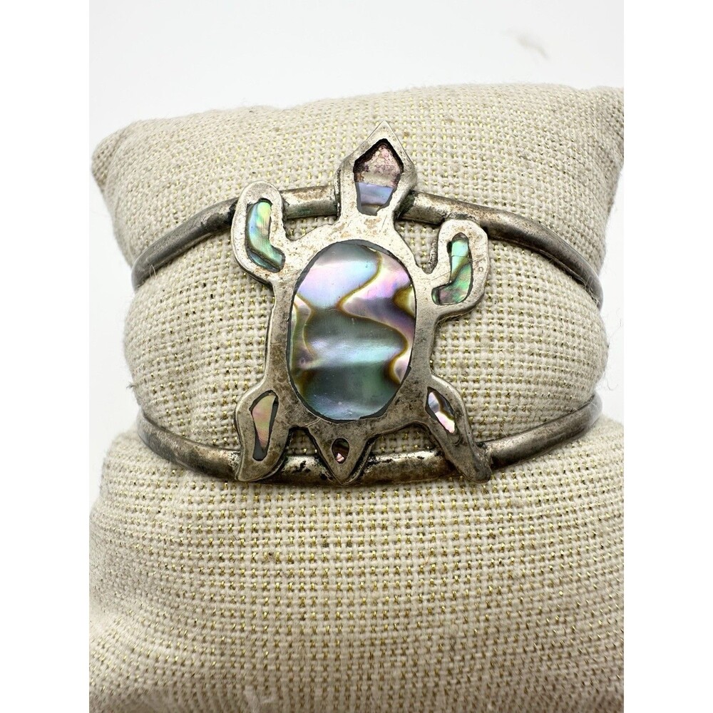 Mexican Vintage Silver Tone Abalone Turtle Cuff Bracelet 6.5”